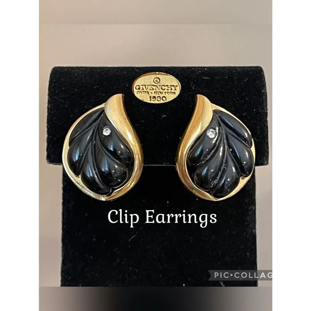 1980’s Givenchy Couture Faux Black Onyx Lucite Gold Plated Leaf Clip Earrings